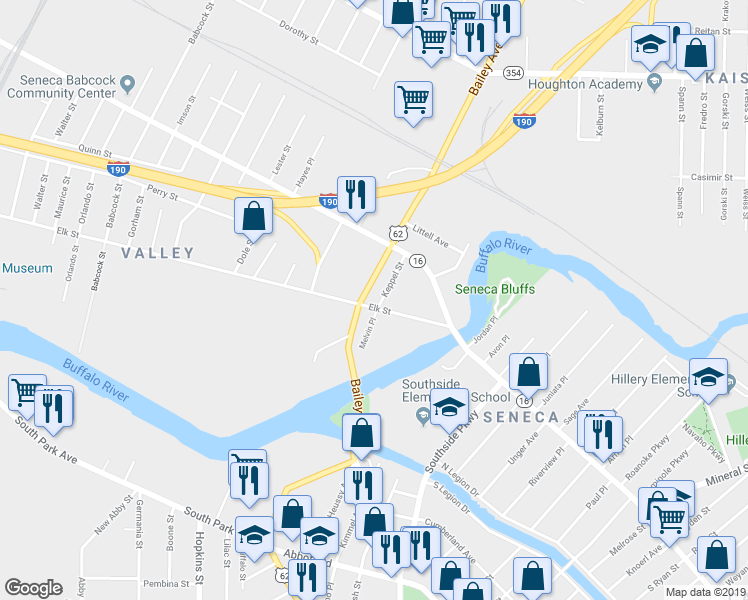 map of restaurants, bars, coffee shops, grocery stores, and more near 350 Bailey Avenue in Buffalo