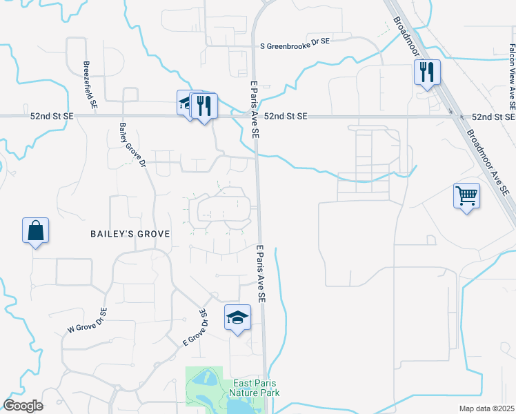 map of restaurants, bars, coffee shops, grocery stores, and more near 3860 North Rosebud Court in Kentwood