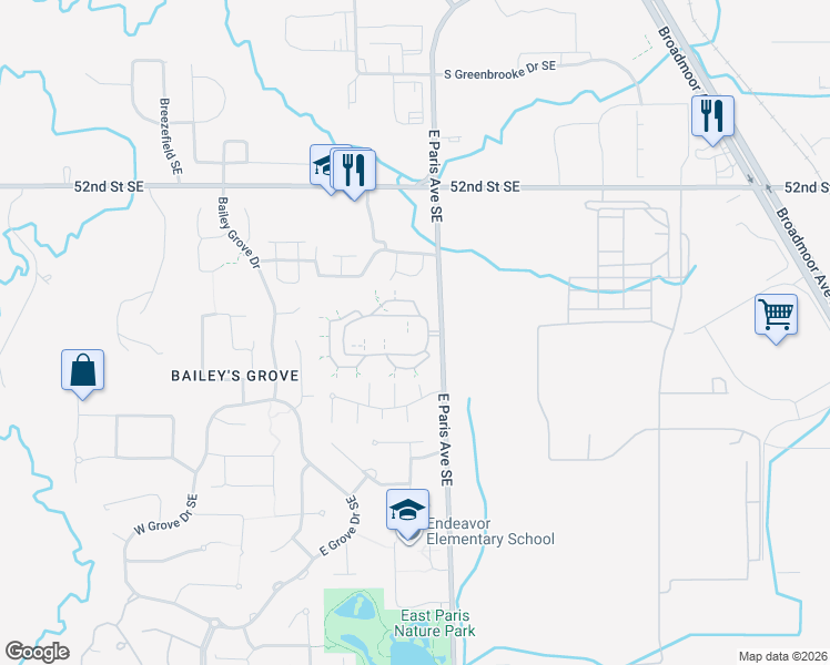 map of restaurants, bars, coffee shops, grocery stores, and more near 3938 North Rosebud Court in Kentwood