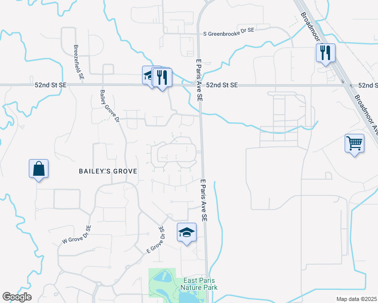 map of restaurants, bars, coffee shops, grocery stores, and more near 3938 North Rosebud Court in Kentwood