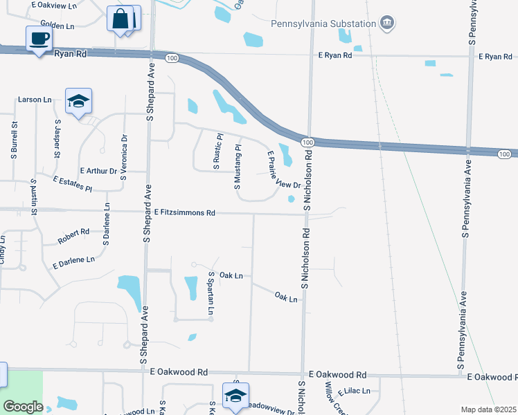 map of restaurants, bars, coffee shops, grocery stores, and more near 1404 East Wild Ginger Way in Oak Creek