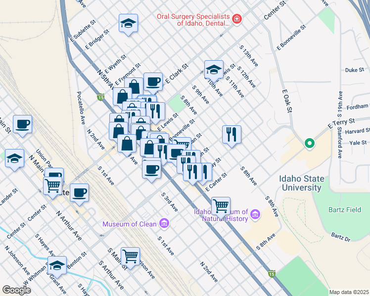 map of restaurants, bars, coffee shops, grocery stores, and more near 401 South 6th Avenue in Pocatello