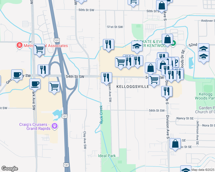 map of restaurants, bars, coffee shops, grocery stores, and more near 5459 Crippen Avenue Southwest in Grand Rapids