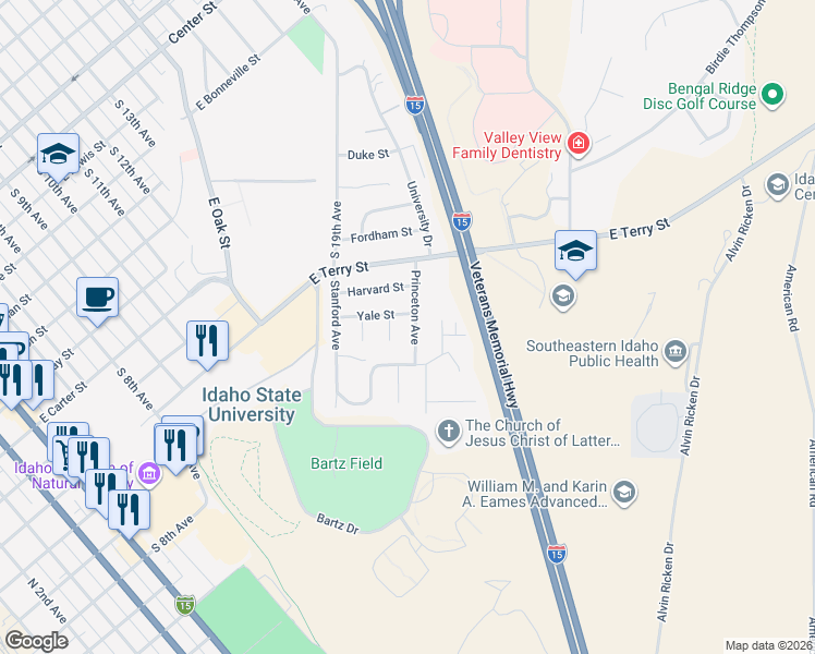 map of restaurants, bars, coffee shops, grocery stores, and more near 94 Yale Street in Pocatello