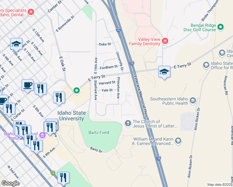 map of restaurants, bars, coffee shops, grocery stores, and more near 85 Princeton Avenue in Pocatello