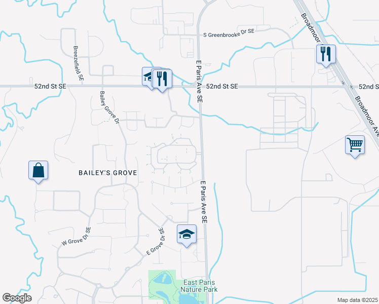 map of restaurants, bars, coffee shops, grocery stores, and more near 3938 North Rosebud Court in Kentwood