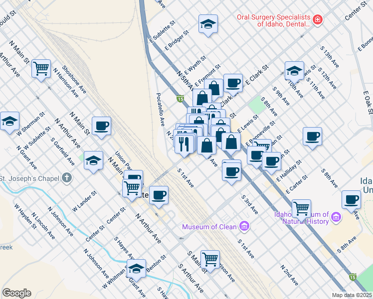 map of restaurants, bars, coffee shops, grocery stores, and more near 151 N 3rd Ave in Pocatello