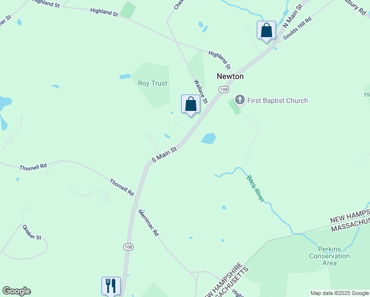 map of restaurants, bars, coffee shops, grocery stores, and more near 34 South Main Street in Newton