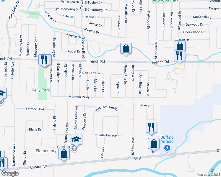 map of restaurants, bars, coffee shops, grocery stores, and more near 87 Caprice Drive in Buffalo