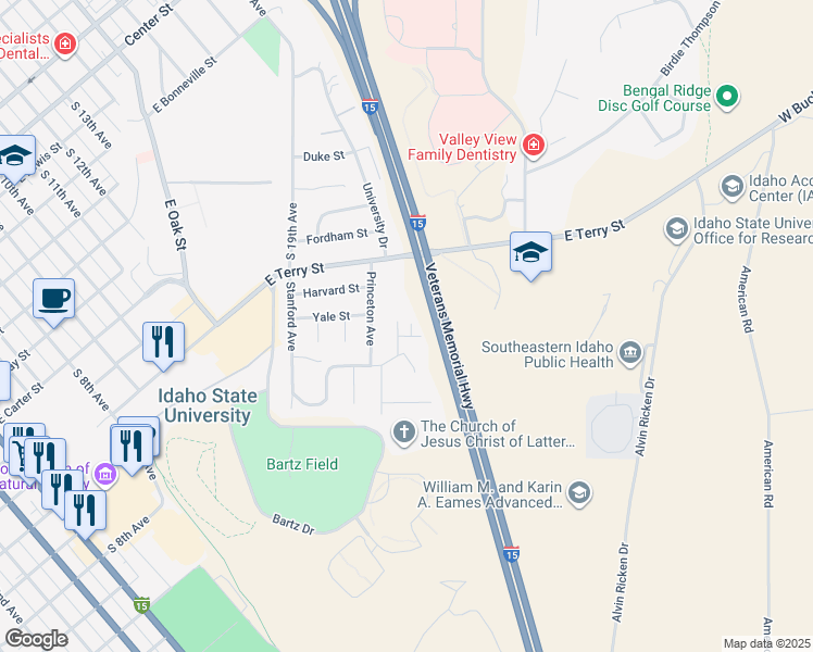 map of restaurants, bars, coffee shops, grocery stores, and more near 52 Temple Avenue in Pocatello