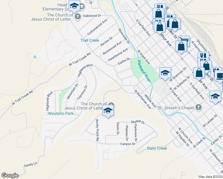 map of restaurants, bars, coffee shops, grocery stores, and more near 435 Highland Boulevard in Pocatello