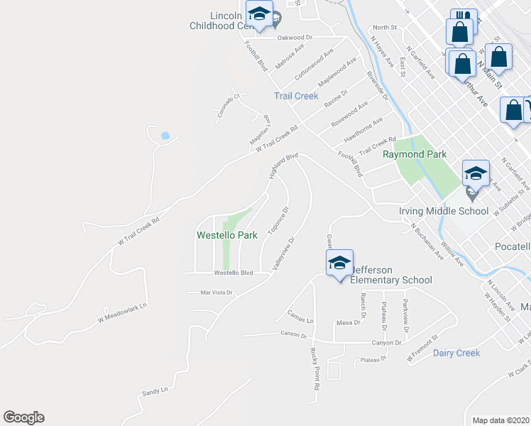 map of restaurants, bars, coffee shops, grocery stores, and more near 22 Mountain Drive in Pocatello