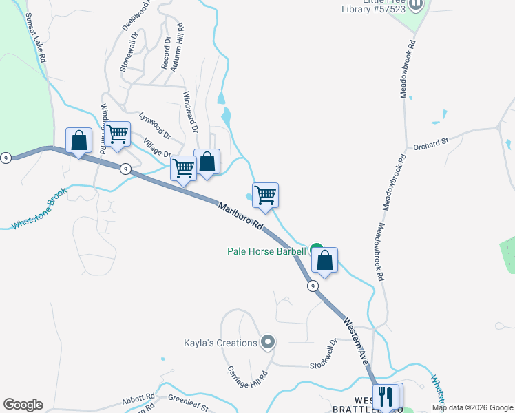map of restaurants, bars, coffee shops, grocery stores, and more near 225 Marlboro Road in West Brattleboro