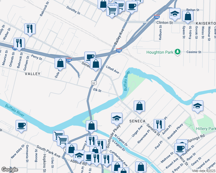 map of restaurants, bars, coffee shops, grocery stores, and more near 33 Keppel Street in Buffalo