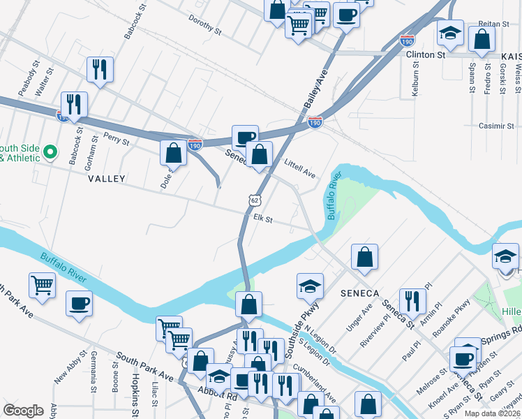 map of restaurants, bars, coffee shops, grocery stores, and more near 350 Bailey Avenue in Buffalo