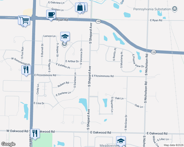 map of restaurants, bars, coffee shops, grocery stores, and more near 9835 South Shepard Avenue in Oak Creek