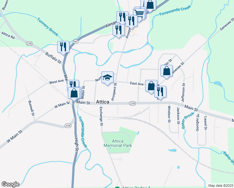 map of restaurants, bars, coffee shops, grocery stores, and more near 31 Prospect Street in Attica