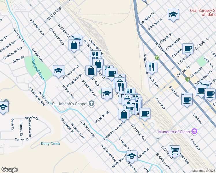 map of restaurants, bars, coffee shops, grocery stores, and more near 501 North Main Street in Pocatello