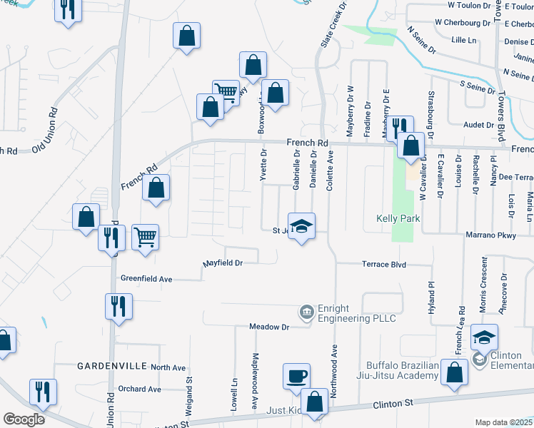 map of restaurants, bars, coffee shops, grocery stores, and more near 73 Yvette Drive in Buffalo