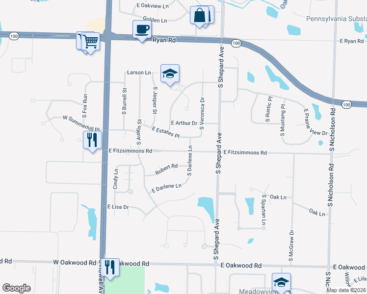 map of restaurants, bars, coffee shops, grocery stores, and more near 495 East Estates Place in Oak Creek