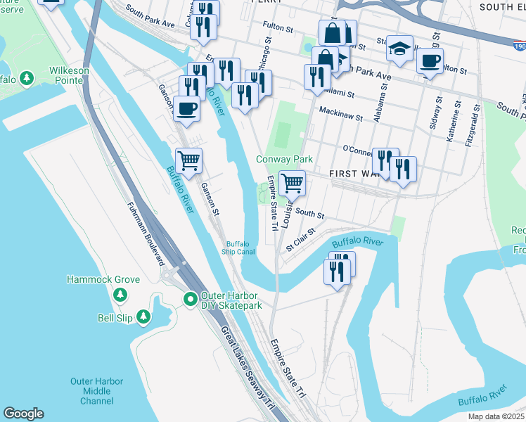 map of restaurants, bars, coffee shops, grocery stores, and more near 1 South Street in Buffalo