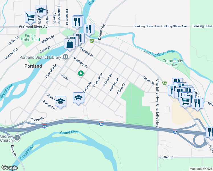map of restaurants, bars, coffee shops, grocery stores, and more near 249 South Grant Street in Portland