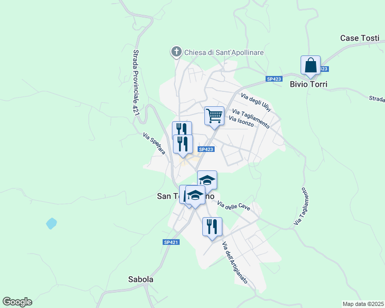 map of restaurants, bars, coffee shops, grocery stores, and more near 15 Piazza Umberto I in San Terenziano