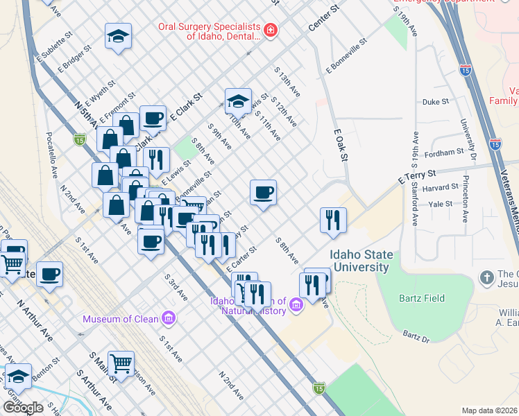 map of restaurants, bars, coffee shops, grocery stores, and more near 547 South 9th Avenue in Pocatello