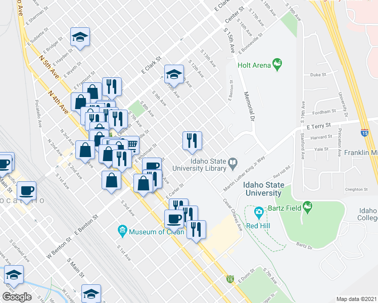 map of restaurants, bars, coffee shops, grocery stores, and more near 547 South 9th Avenue in Pocatello