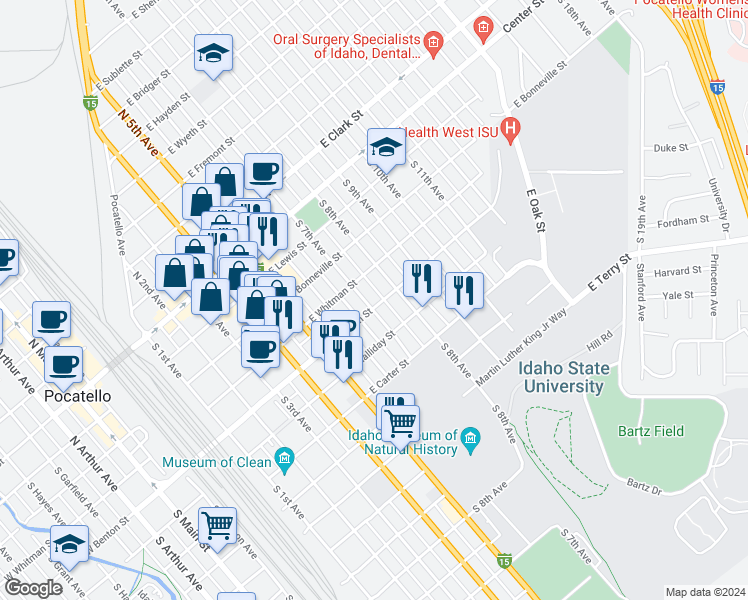 map of restaurants, bars, coffee shops, grocery stores, and more near 406 South 7th Avenue in Pocatello