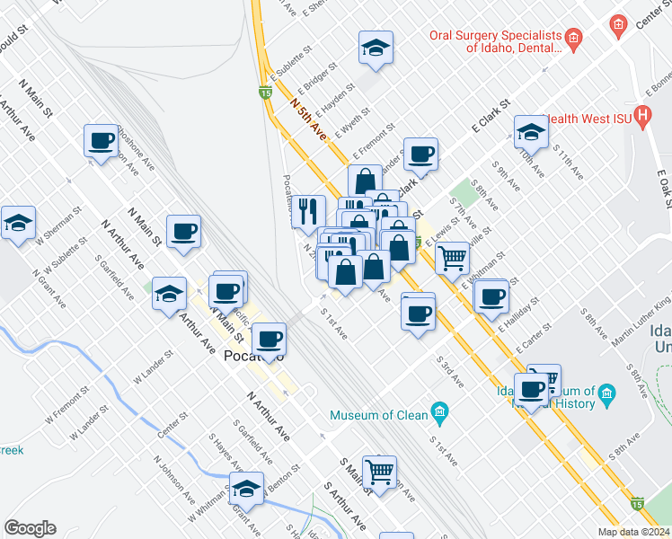 map of restaurants, bars, coffee shops, grocery stores, and more near 151 N 3rd Ave in Pocatello