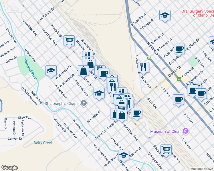 map of restaurants, bars, coffee shops, grocery stores, and more near 511 North Harrison Avenue in Pocatello
