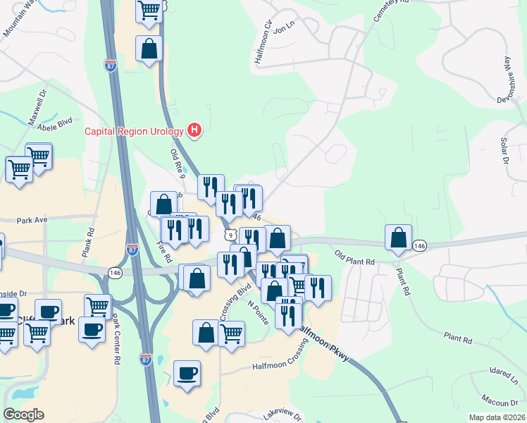 map of restaurants, bars, coffee shops, grocery stores, and more near 5 Cemetery Road in Saratoga County