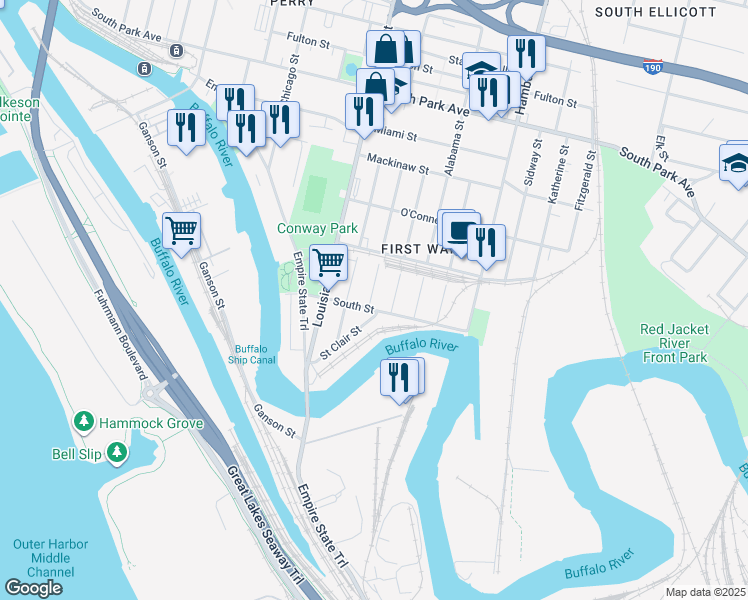 map of restaurants, bars, coffee shops, grocery stores, and more near 22 Vincennes Street in Buffalo