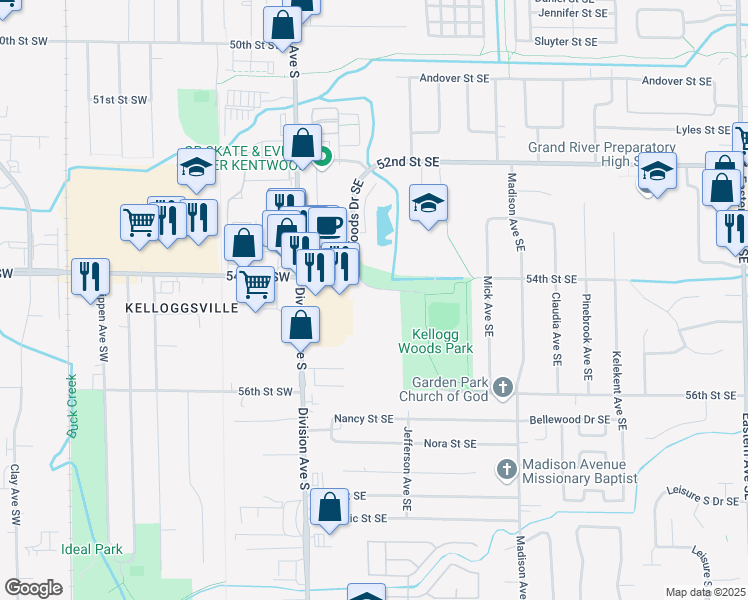 map of restaurants, bars, coffee shops, grocery stores, and more near 31-181 Kellogg Woods Park Drive Southeast in Kentwood