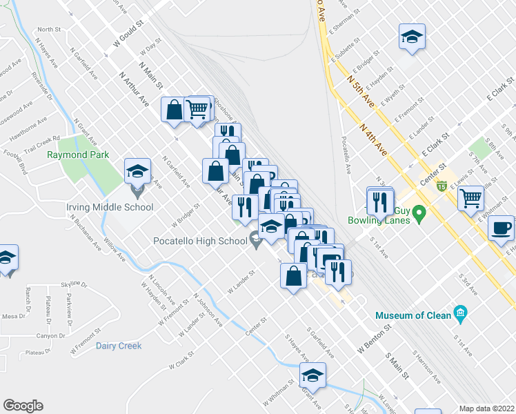 map of restaurants, bars, coffee shops, grocery stores, and more near 501 North Main Street in Pocatello