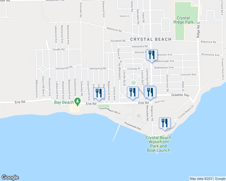 map of restaurants, bars, coffee shops, grocery stores, and more near 375 Oxford Avenue in Fort Erie