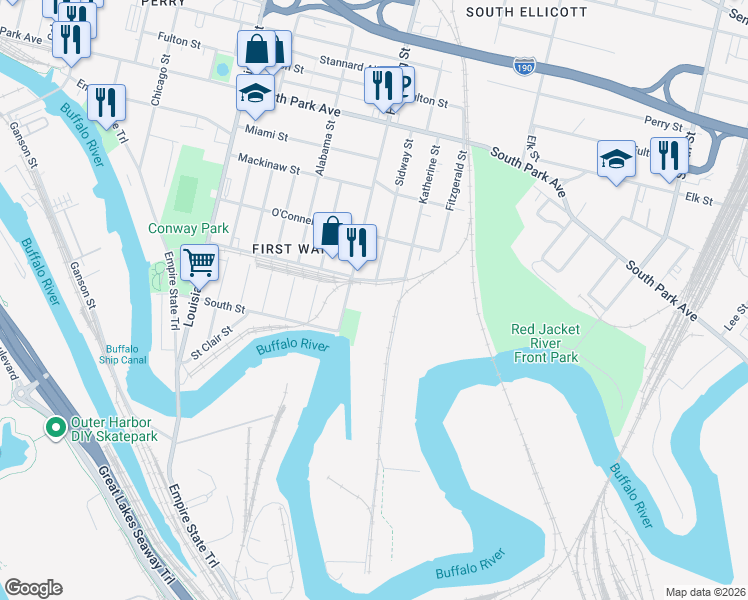 map of restaurants, bars, coffee shops, grocery stores, and more near 43 Hamburg Street in Buffalo