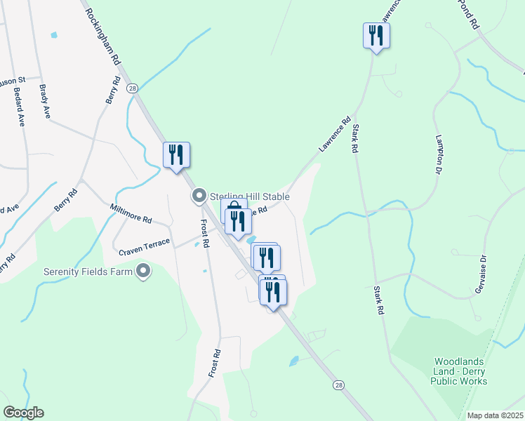 map of restaurants, bars, coffee shops, grocery stores, and more near 6 Lawrence Rd in Derry