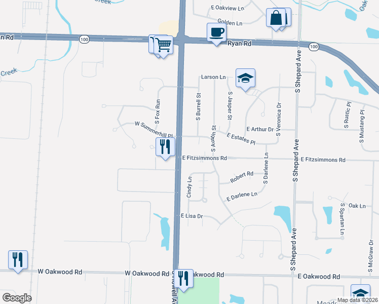 map of restaurants, bars, coffee shops, grocery stores, and more near 120 East Fitzsimmons Road in Oak Creek