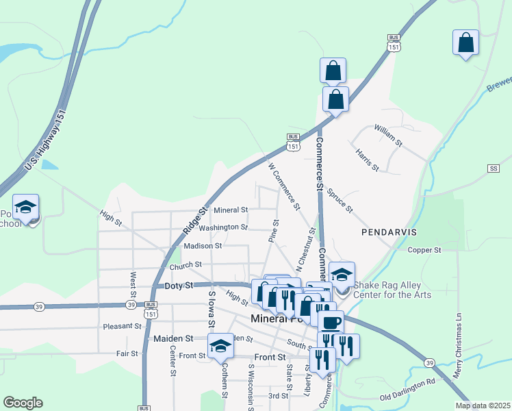 map of restaurants, bars, coffee shops, grocery stores, and more near 219 Mineral Street in Mineral Point