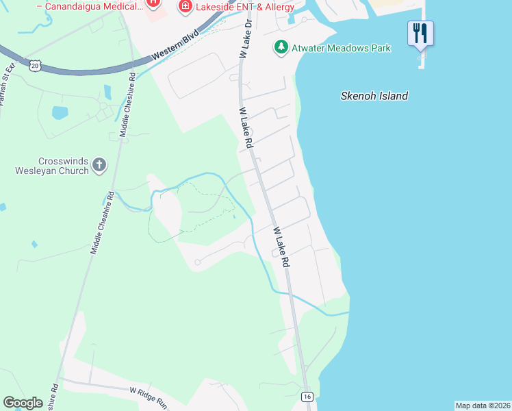 map of restaurants, bars, coffee shops, grocery stores, and more near 3360 County Road 16 in Canandaigua