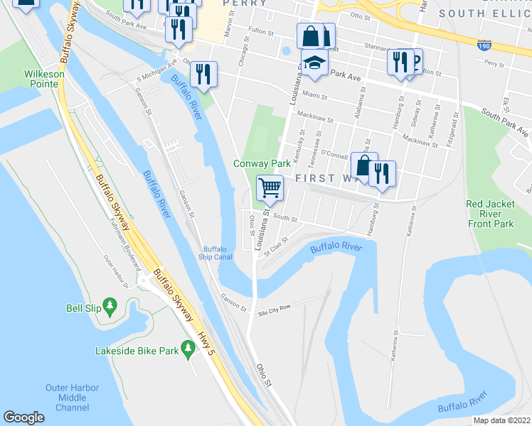map of restaurants, bars, coffee shops, grocery stores, and more near 9 South Street in Buffalo