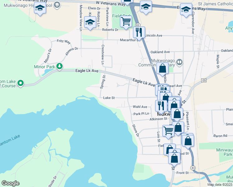 map of restaurants, bars, coffee shops, grocery stores, and more near 326 Lake Street in Mukwonago