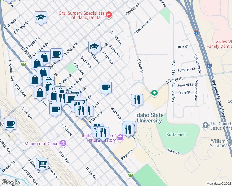 map of restaurants, bars, coffee shops, grocery stores, and more near 615 South 10th Avenue in Pocatello