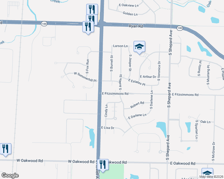 map of restaurants, bars, coffee shops, grocery stores, and more near 120 East Fitzsimmons Road in Oak Creek