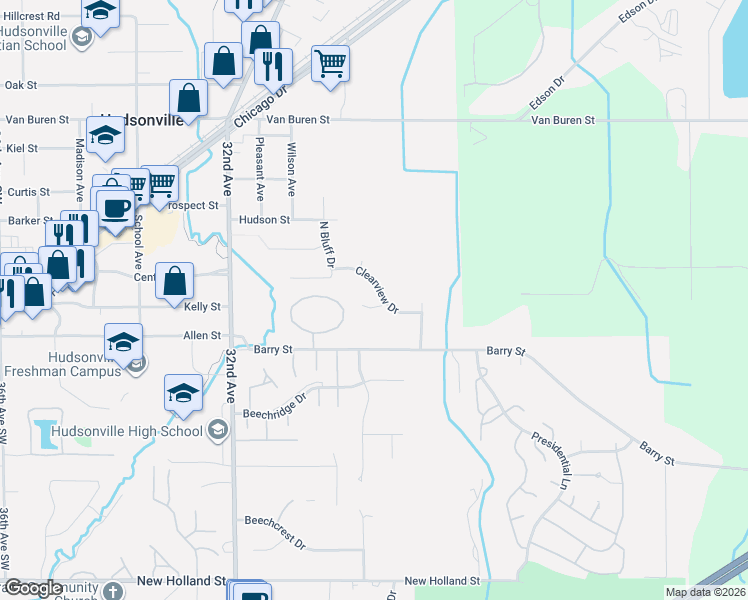 map of restaurants, bars, coffee shops, grocery stores, and more near 3031 Country Court in Hudsonville