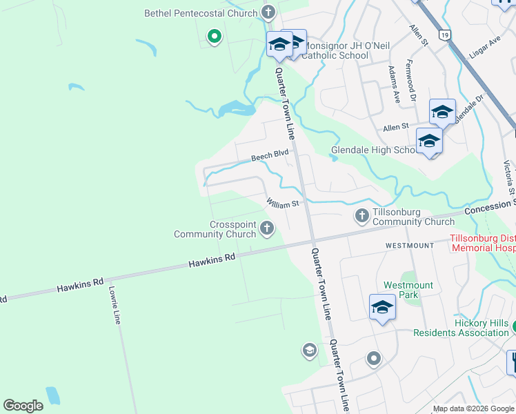 map of restaurants, bars, coffee shops, grocery stores, and more near 6 Hemlock Drive in Tillsonburg