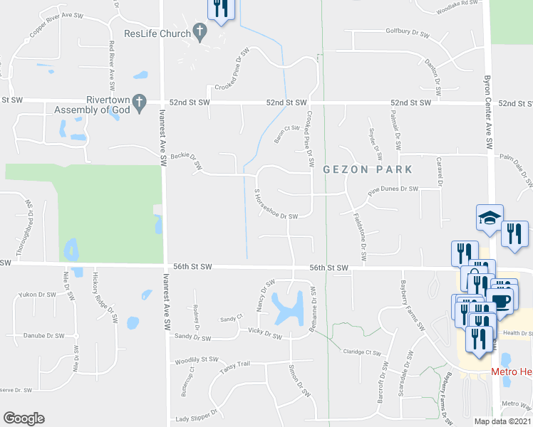 map of restaurants, bars, coffee shops, grocery stores, and more near 5460 Pleasant Valley Court Southwest in Grandville