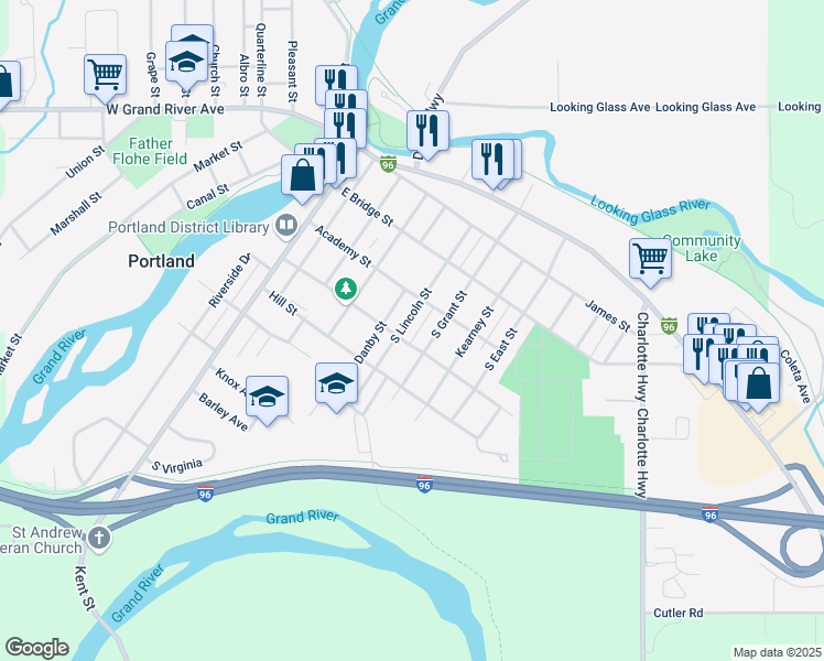map of restaurants, bars, coffee shops, grocery stores, and more near 325 South Lincoln Street in Portland